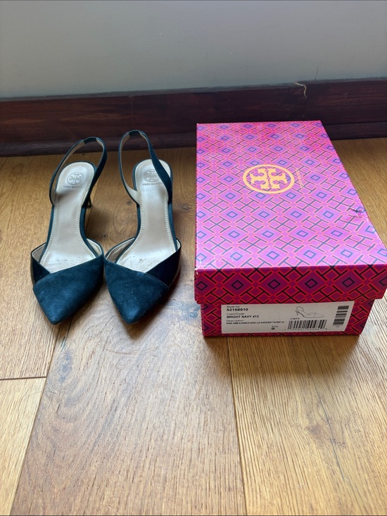 Tory Burch Shoes - Tory Burch Ramie Deep Blue Suede Slingback Pumps
